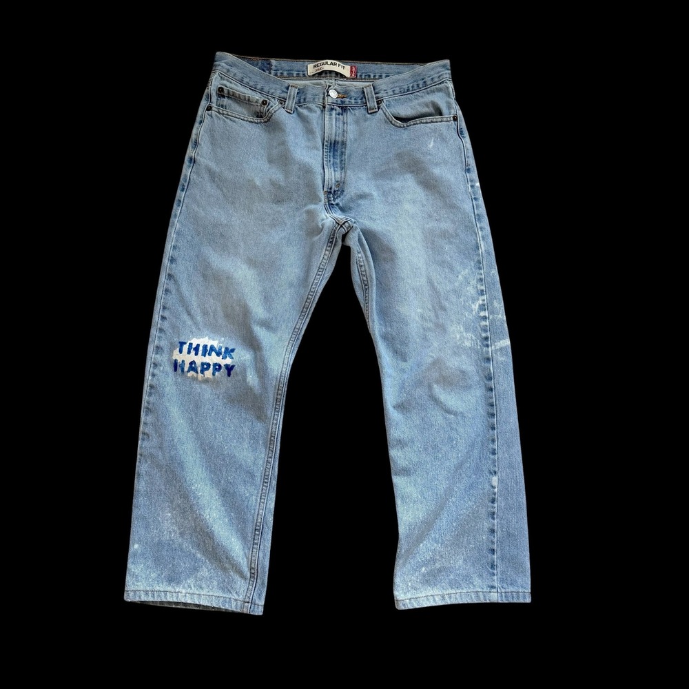 Y2K Levis 505 Regular Fit Jeans 34x29 Light Wash Custom Painted Think Happy Blue